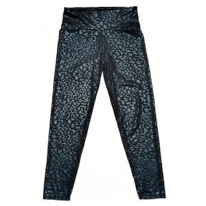 Womens Black Leopard Print Leggings Yoga Pants Large‎ Shiny Dark Coquette Vampy